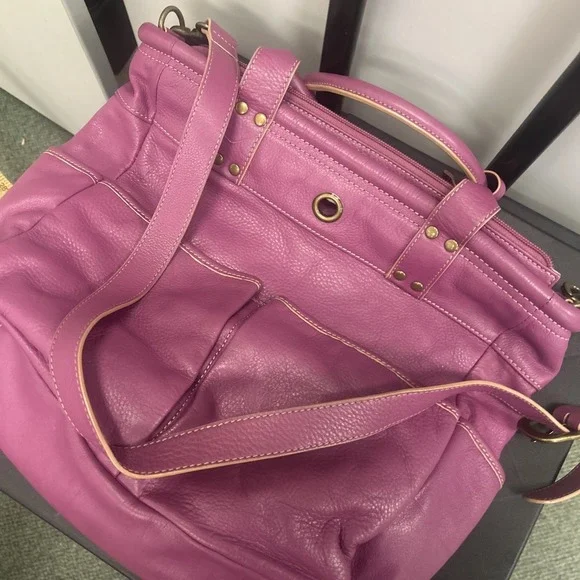 LEVENGER Purple Canvas Brown Leather Medium Pocket Tote Bag Purse - Picture 4 of 9